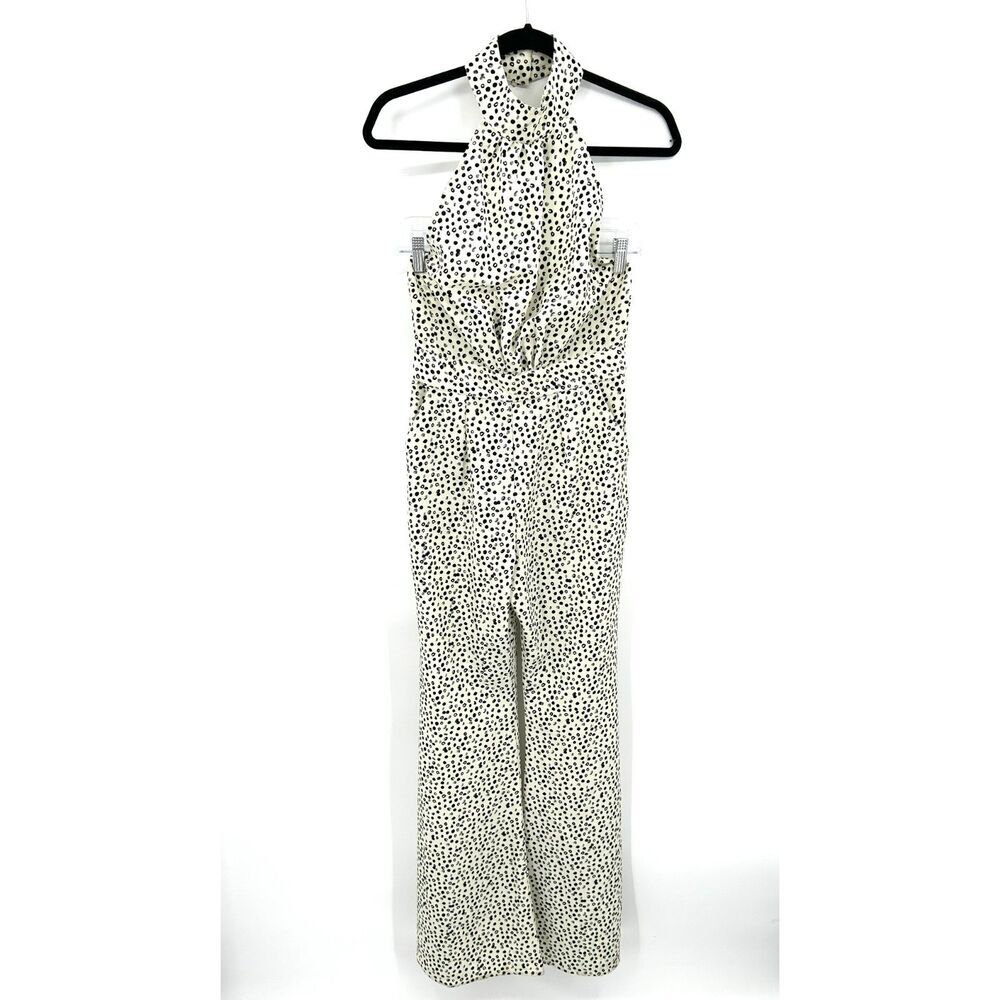 FLYNN SKYE Ivory Black Spotted Flare Leg Lightweight Halter Jumpsuit Size Small